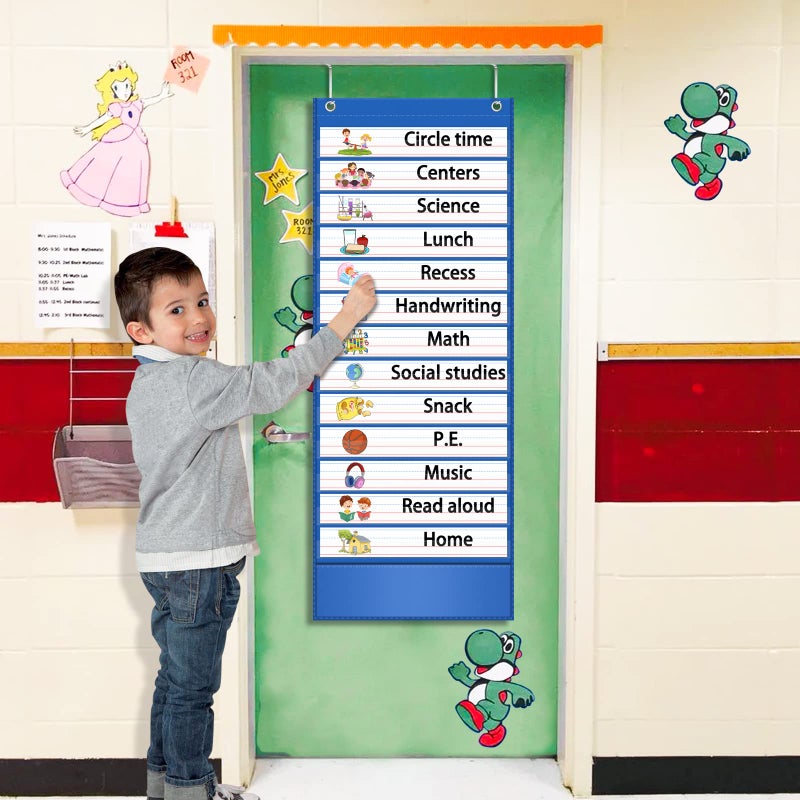 AKAYOK -13+1 Pocket Daily Schedule Pocket Chart, Ultra-Durable Visual Schedule for Kids -Pocket Chart for Classroom Office Home -Reusable Daily Schedule for Kids -Reversible Chart for Sentence Strips - Image 2